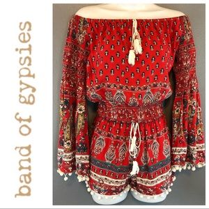 Band of Gypsies Boho Pom Pom Off Shoulder Crop Top
